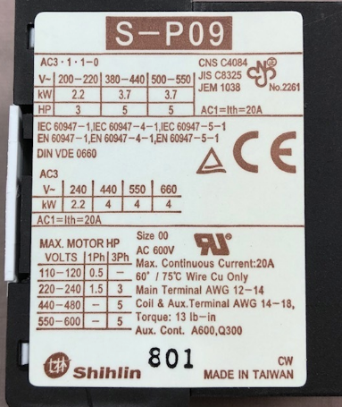 Shinhlin S-P09 Contactor for SM-HBS280A 240 Volt Band Saw