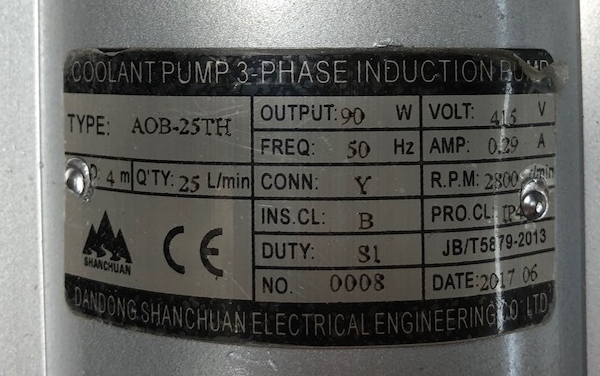 Universal Mill, Coolant Pump Leg Length 180 PCD 160 AOB-25TH 415Volt