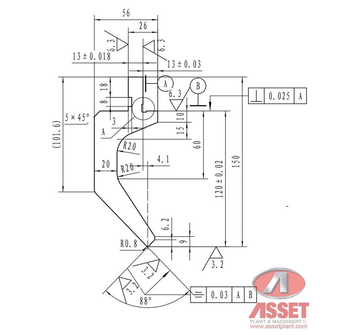 US 152/88 Degree, Radius 0.8mm Press Brake Tooling – 835mm Long