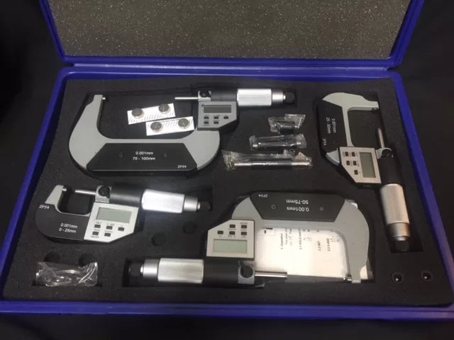 Digital LCD Micrometer Set, 4 Piece, 0-100mm Range