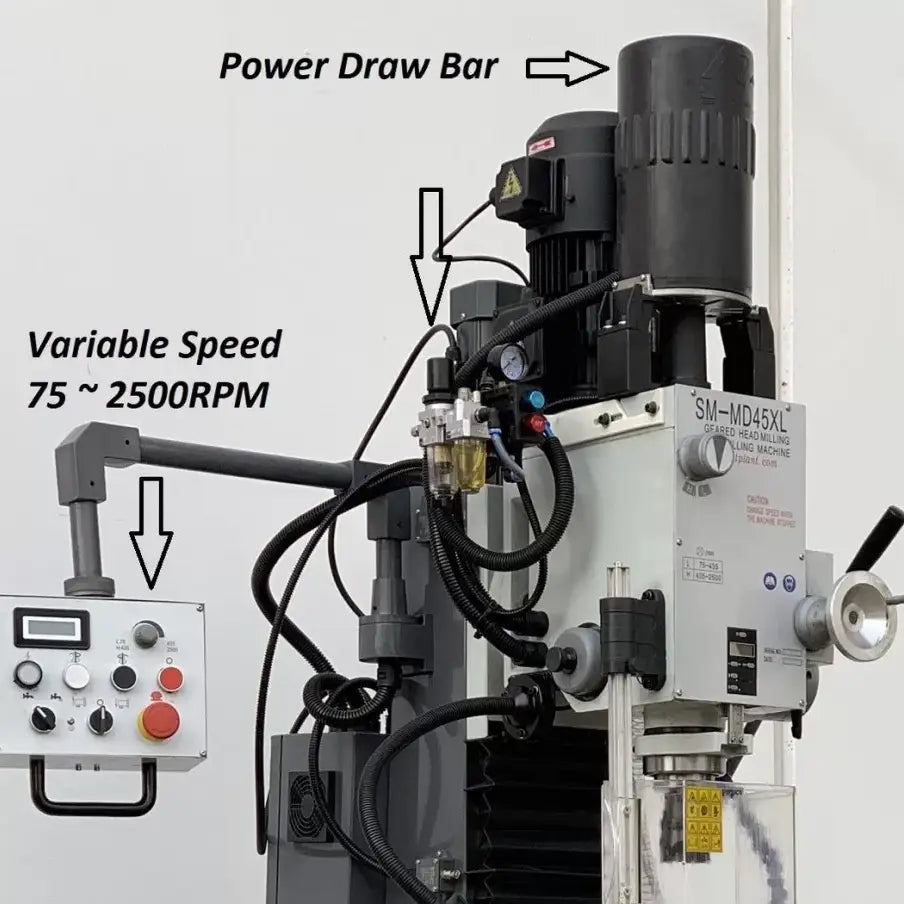 Mill Drill with DRO, Geared Drive Mill Drill With Power Draw Bar, Coolant, Power Head Up & Down